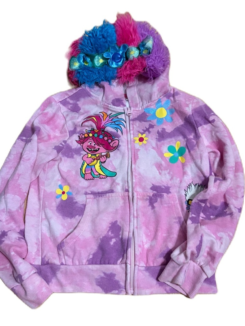 Trolls World Tour Tie-Dye Zip Hooded Sweatshirt Faux Fur Hood Sz 7/8 Purple Pink
